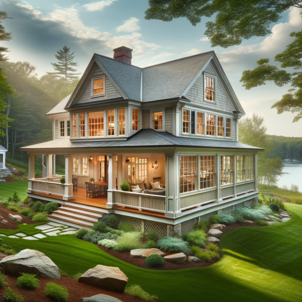 An exterior view of a house with a great room addition. The addition features a saltbox shape, blending with a colonial house style, set in a beautiful Bathroom