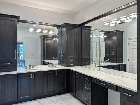 Dark Wood Double Vanity with Full Wall Mirror and Quartz Countertop