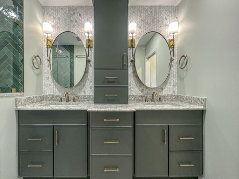 Symmetrical Double Sink Vanity with Accent Lighting and Storage Tower
