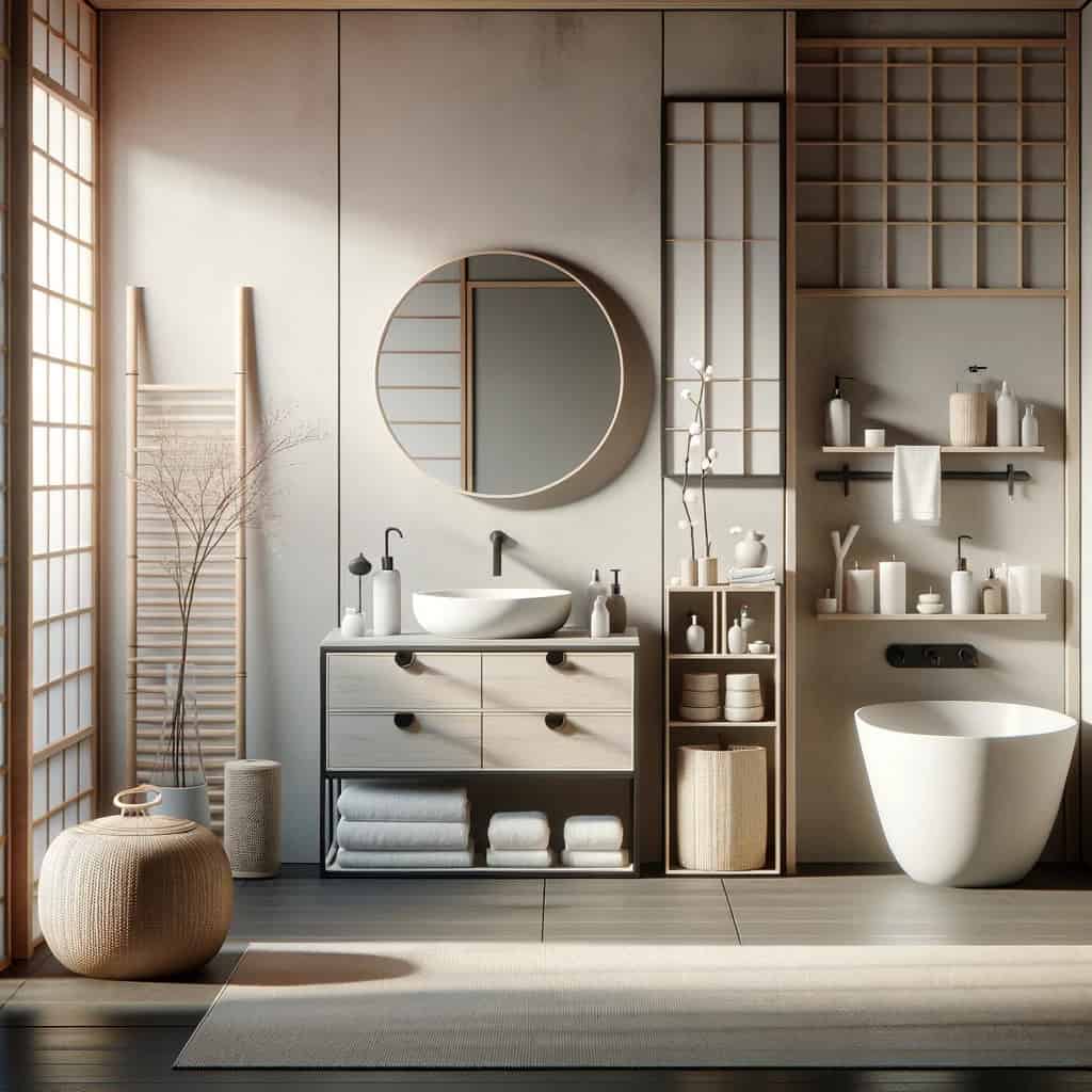 DALLC2B7E 2023 12 18 23.42.18 A minimalist Japandi bathroom layout emphasizing clean lines uncluttered spaces and practical storage solutions with a modern and serene feel