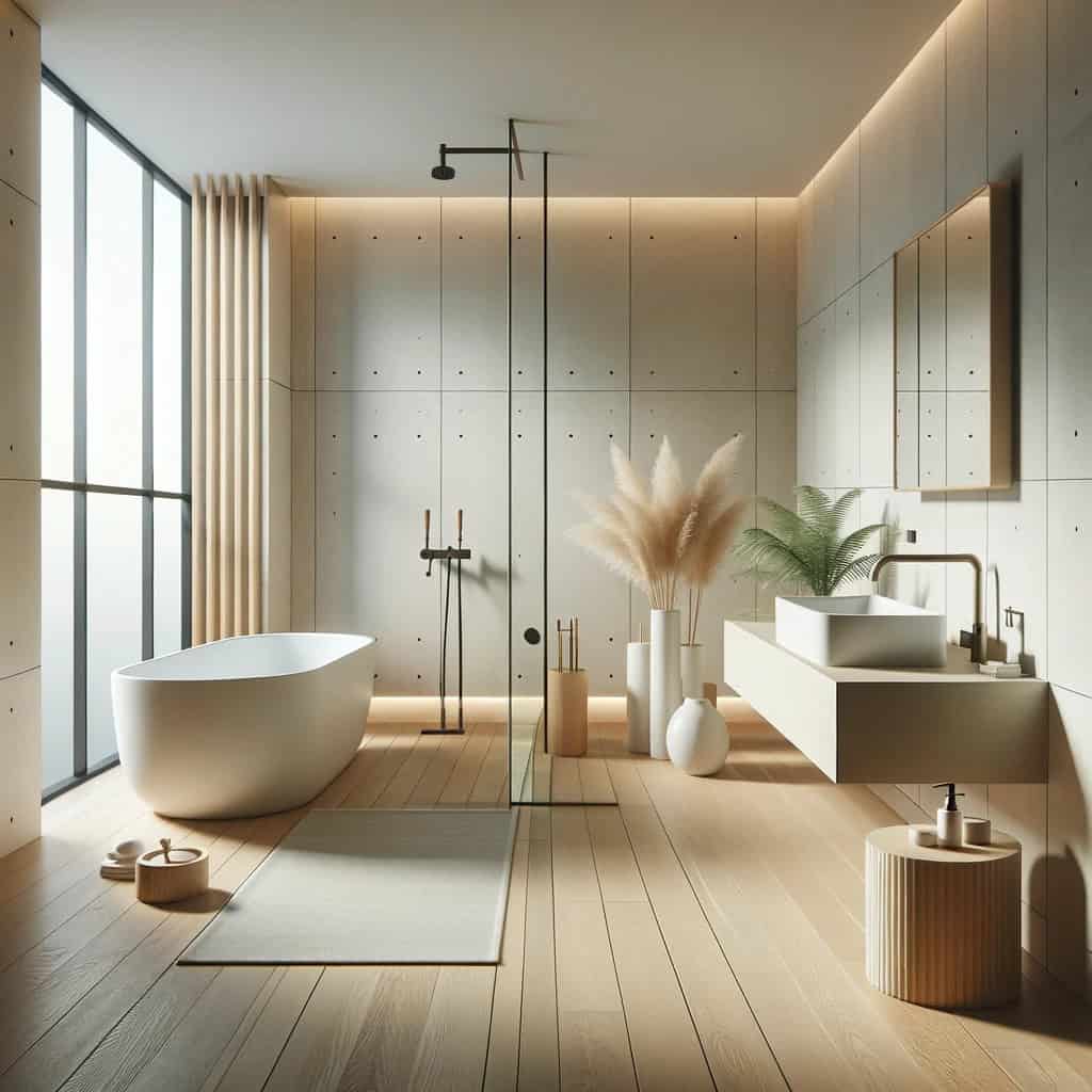 DALL·E 2023 12 18 23.41.18 Minimalist Japandi bathroom focusing on clean lines and functional fixtures featuring a freestanding bathtub minimalist taps and unadorned sink in 1 1