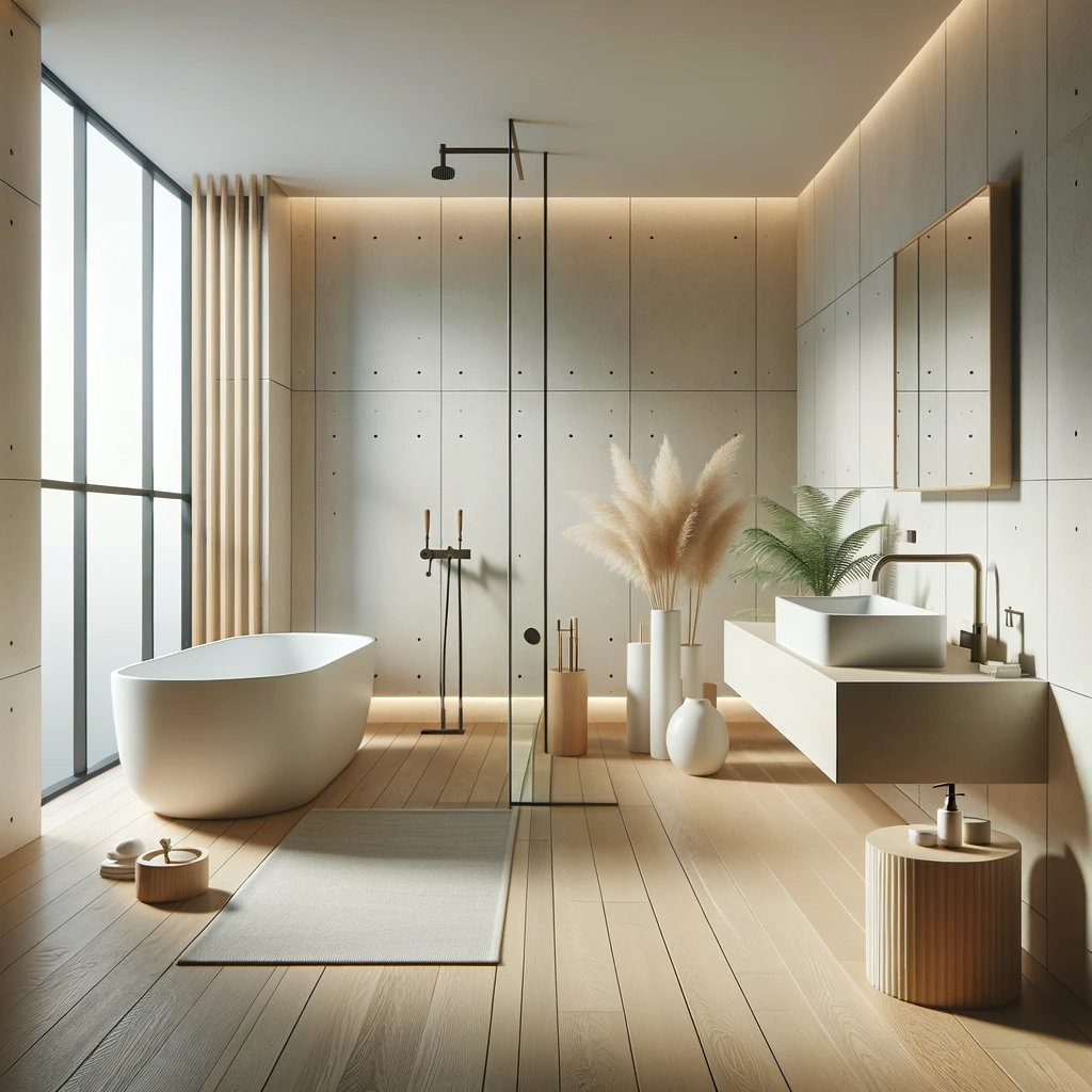 DALL·E 2023 12 18 23.41.18 Minimalist Japandi bathroom focusing on clean lines and functional fixtures featuring a freestanding bathtub minimalist taps and unadorned sink in 1 1