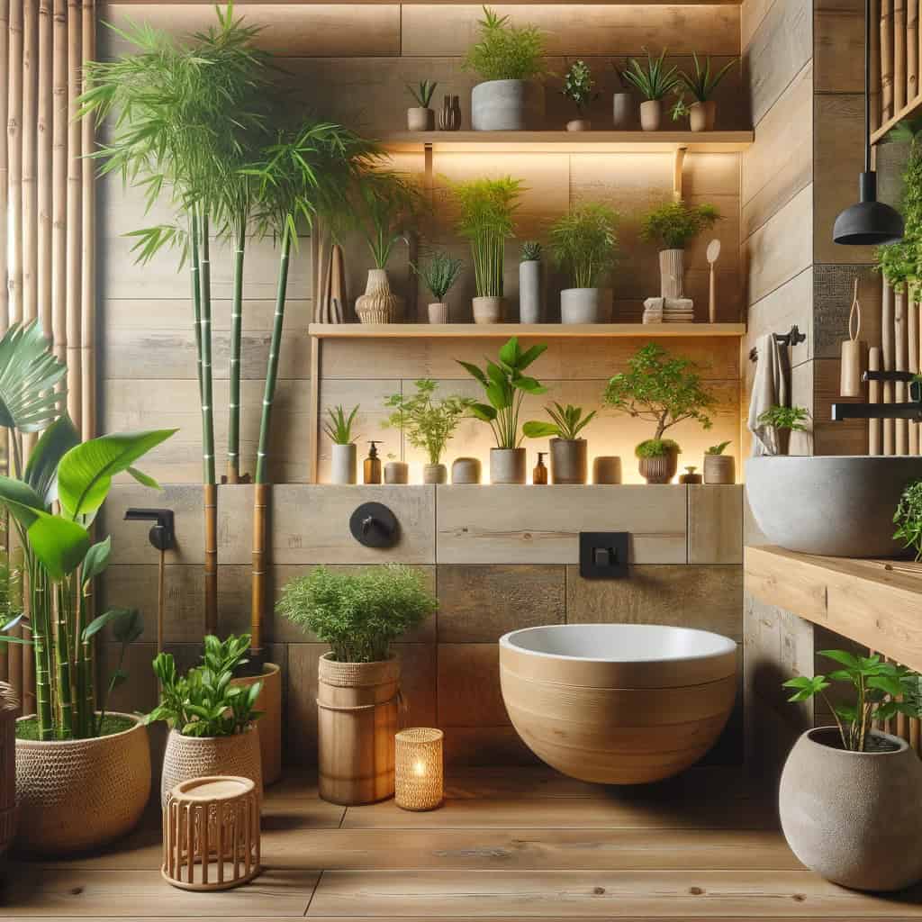 DALL·E 2023 12 18 23.41.44 Japandi bathroom accentuated with indoor plants and greenery featuring potted bamboo and small indoor plants in a space with natural wood and stone e 2