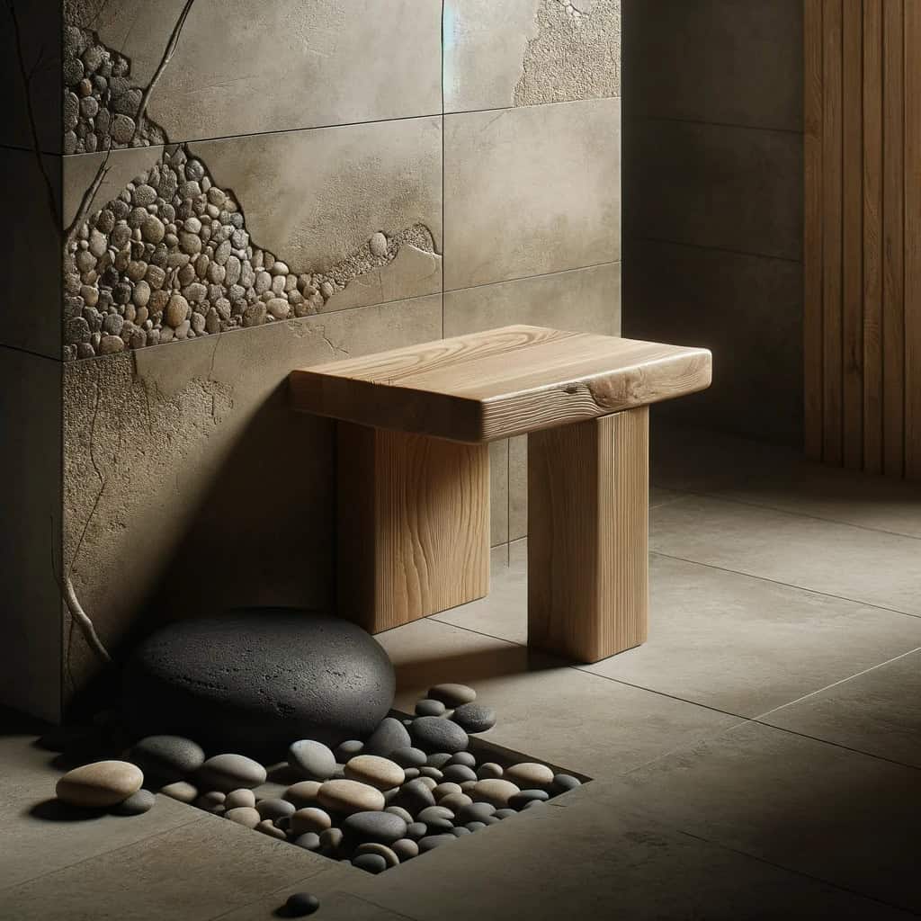 DALL·E 2023 12 19 00.20.44 Close up view of Japandi bathroom design emphasizing natural materials like smooth stone tiles and a rough wooden stool with a focus on textural con 2